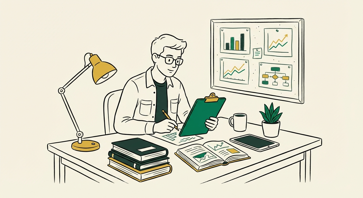 Researcher with books and charts